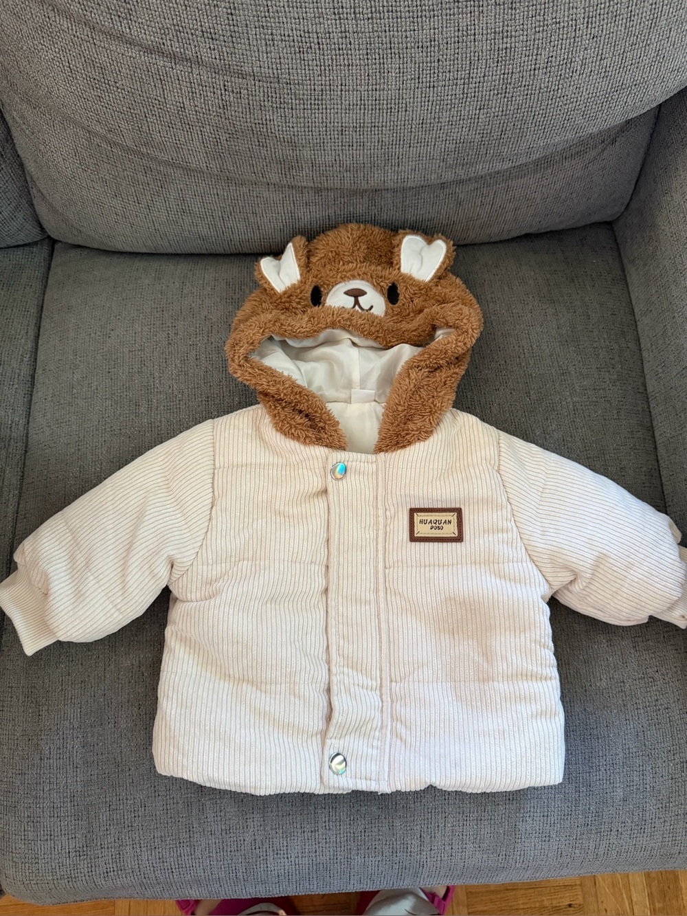 Kids Beige Bear Hooded Jacket with Brown Plush Hood